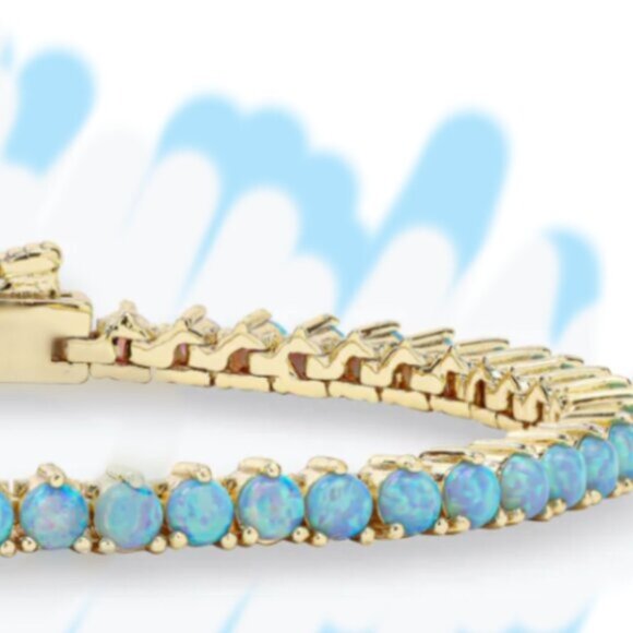 Shimmering Simulated Blue Opal 18K gold plated tennis bracelet - Picture 2 of 5